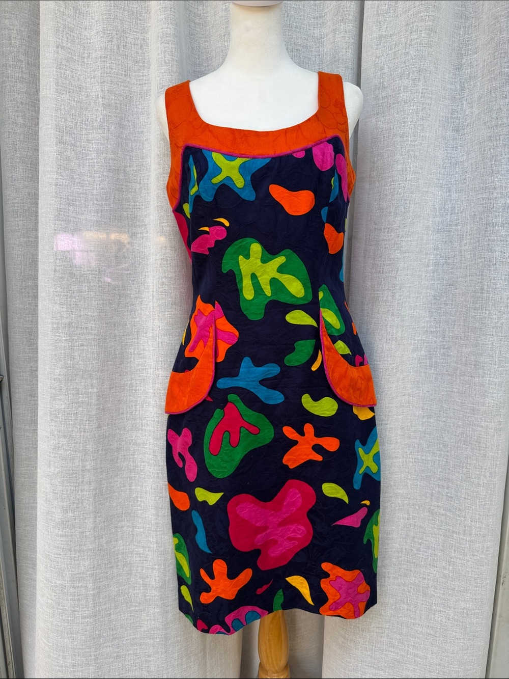 1990s Rimini colorful print sleeveless sheath cocktail length dress